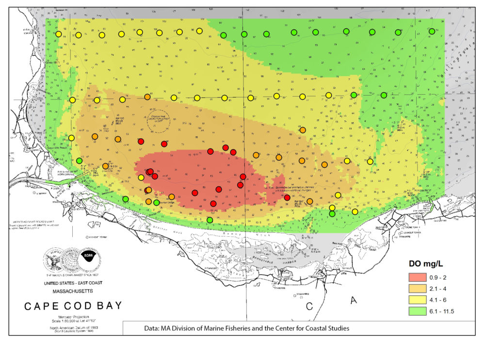 Map showinMap showing red area indicating a “severely hypoxic” zone in Massachusetts that killed a large number of lobsters in 2019