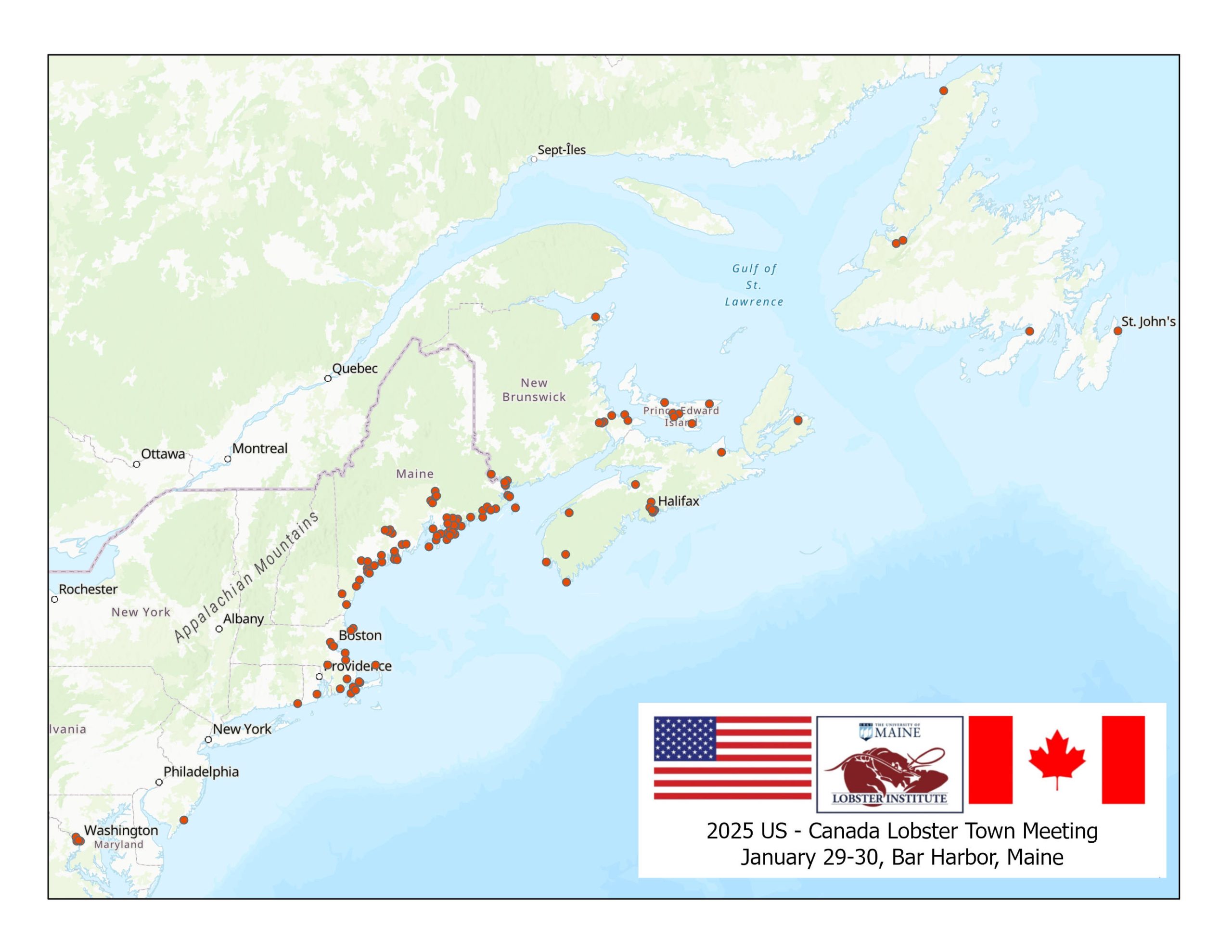 Map of Atlantic U.S. and Canada with dots indicating all the people who attended the 2025 U.S. - Canada Lobster Town Meeting