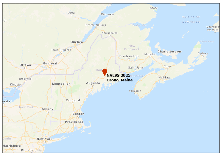Map of northeast US and Atlantic Canada showing the location of NALSS 2025 in Orono Maine