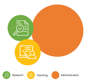 A bubble chart demonstrating an appointment with 50% administration, 25% research and 25% teaching.