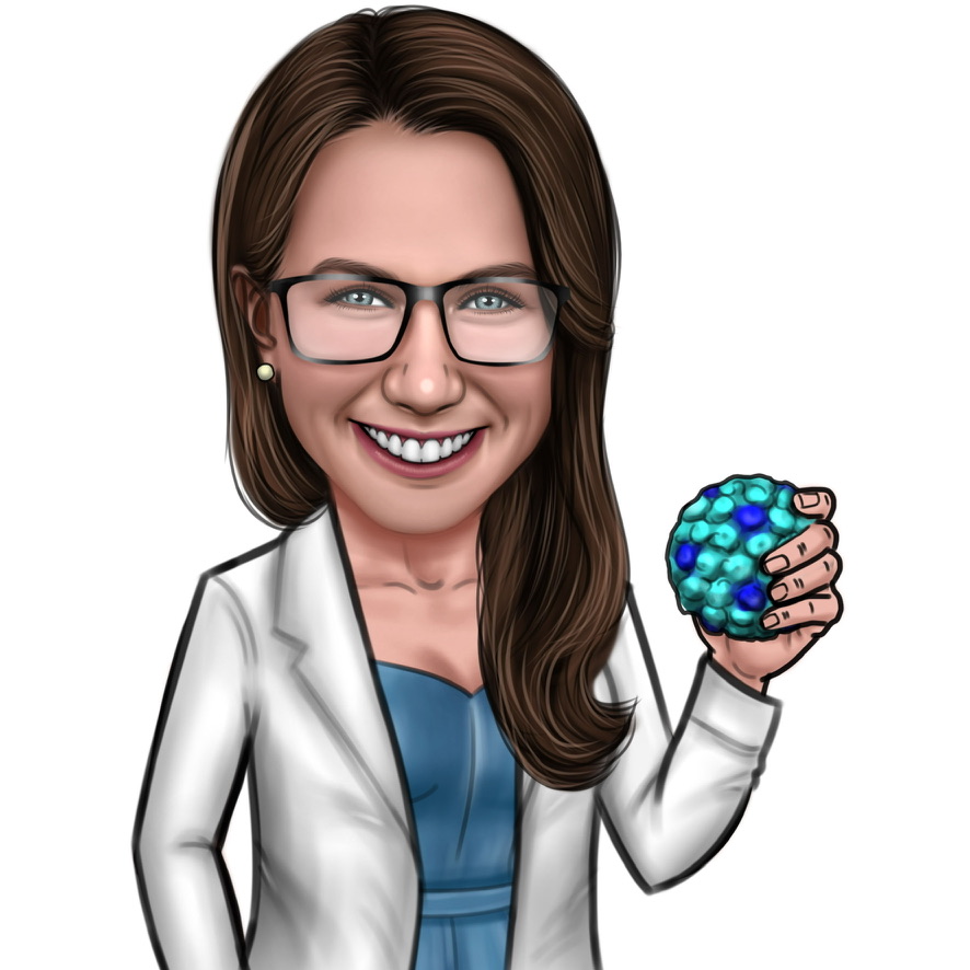 Cartoon character of Dr. Maginnis in a lab coat holding an oversized virion of JC Polyomavirus