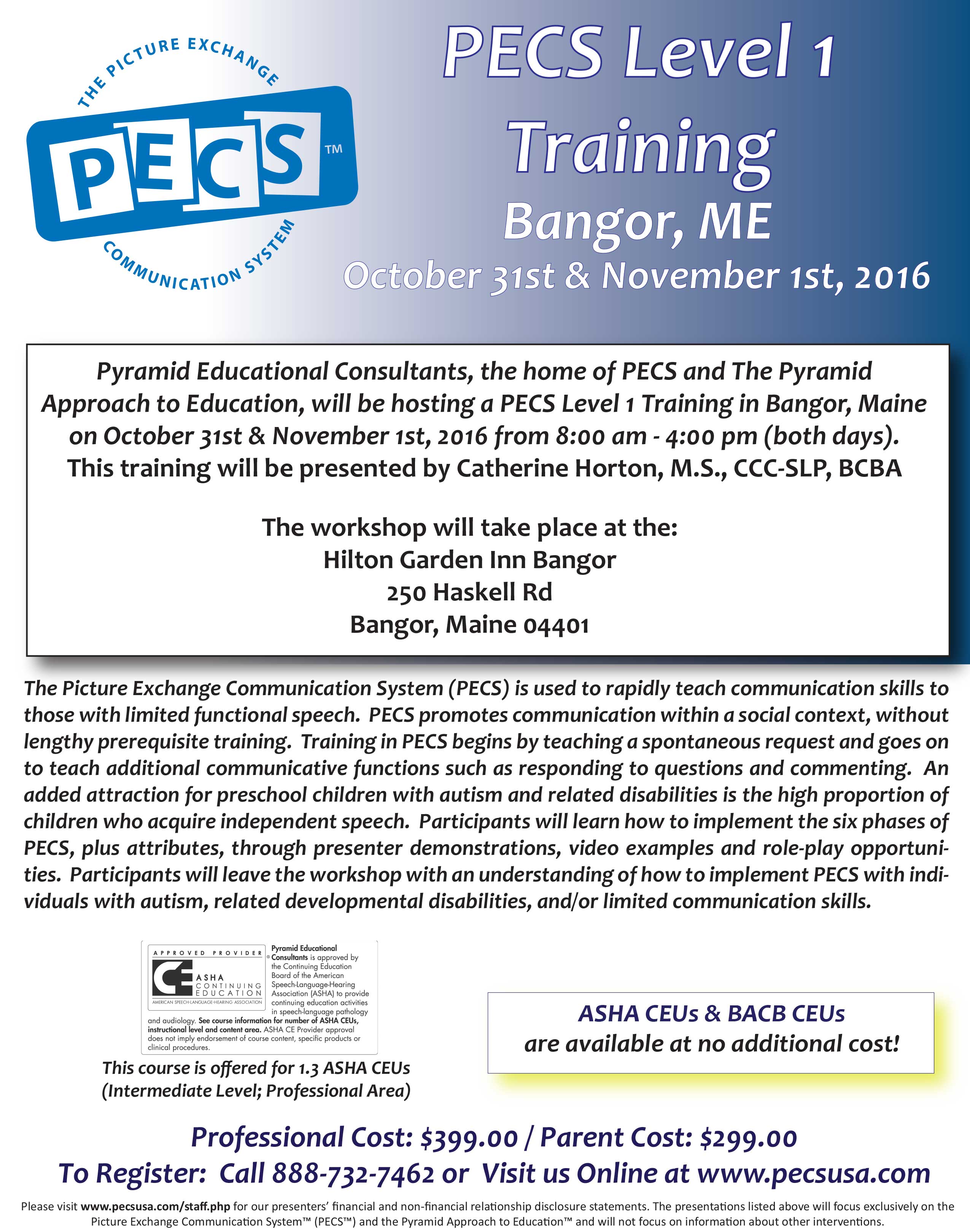 Flyer for Fall 2016 PECS Training