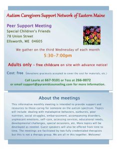 Flyer announcing Autism Caregivers Support group in Ellsworth
