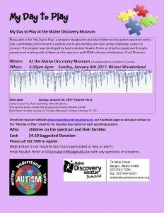 Information flyer for My Day to Play at Maine Discovery Museum