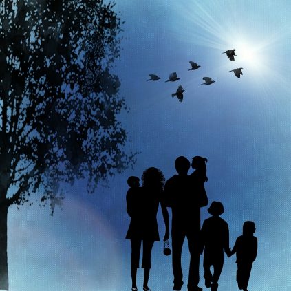 Silouette of family walking outdoors with birds flying overhead