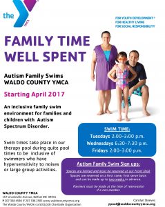 Info flyer for WC YMCA autism swim, family in swimsuits