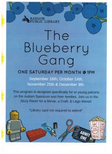 Info flyer for Bangor Library Blueberry Gang events