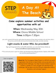 Event Flyer with information, sandcastle drawing