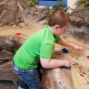 Young boy playing with water and sand