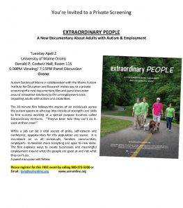 Info flyer for Extraordinary People: includes photo of young adults walking with their dogs