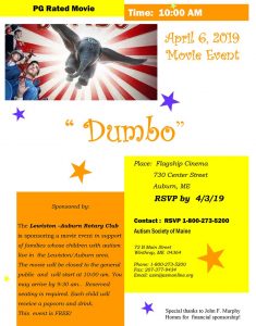 Sensory Friendly movie info flyer w photo of Dumbo the elephant