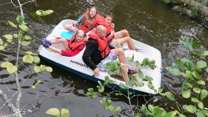 Family in a paddle boat on water