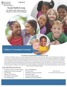 Social skills group info flyer with photo of children smiling