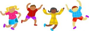 Colorful cartoon of four children jumping and waving