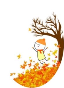 Line drawing of boy jumping in autumn leaves