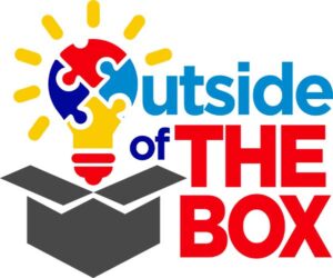 Logo for Outside the Box non-profit: Box with autism puzzle lightbulb popping out and name of organization in text