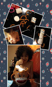Collage photo of young boy enjoying hot chocolate and building a marshmallow snowman