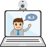 A laptop with a webcam on the top and a person waving on the screen.