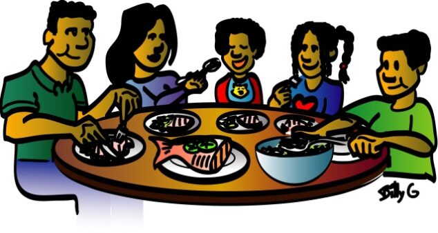 A family consisting of a male & female parent and three children sitting around a dinner table, eating a meal.