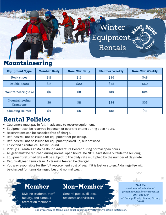 Winter mountaineering photo detailing mountaineering rentals and rental policies.