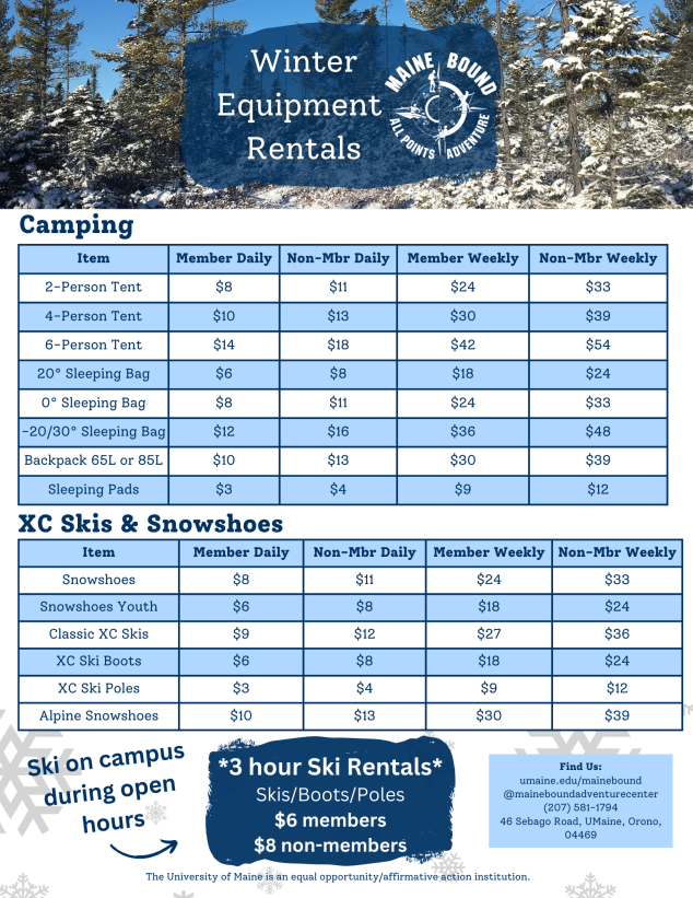 Winter photo with tables detailing camping, skis, snowshoes, and other items available to rent.