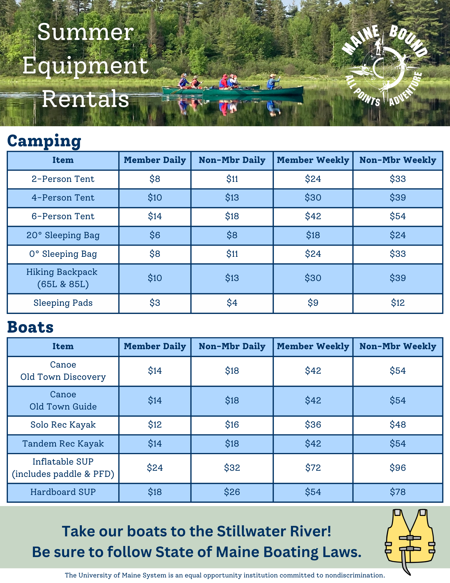 rental camping and boat pricing