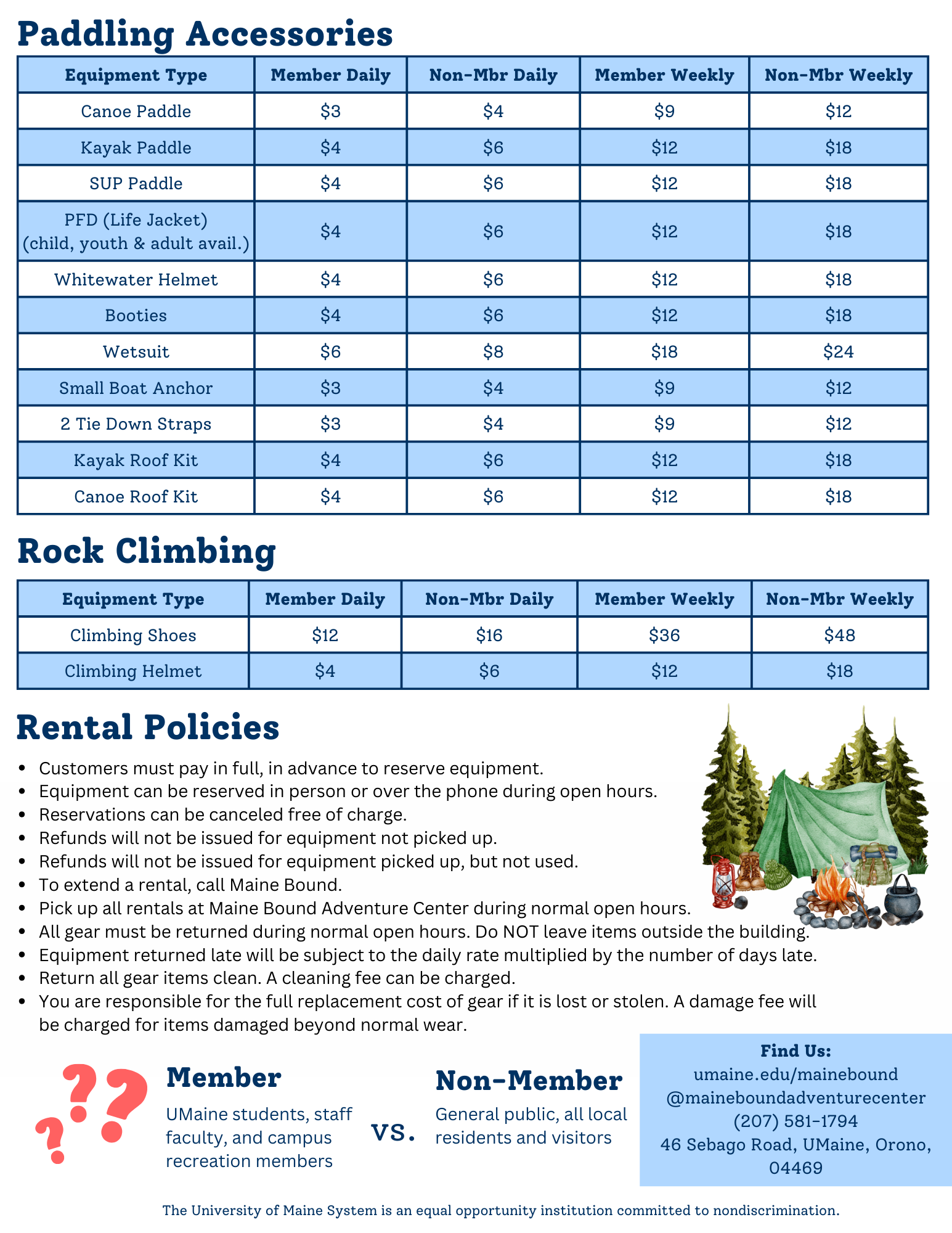 Rental paddling and rock climbing prices