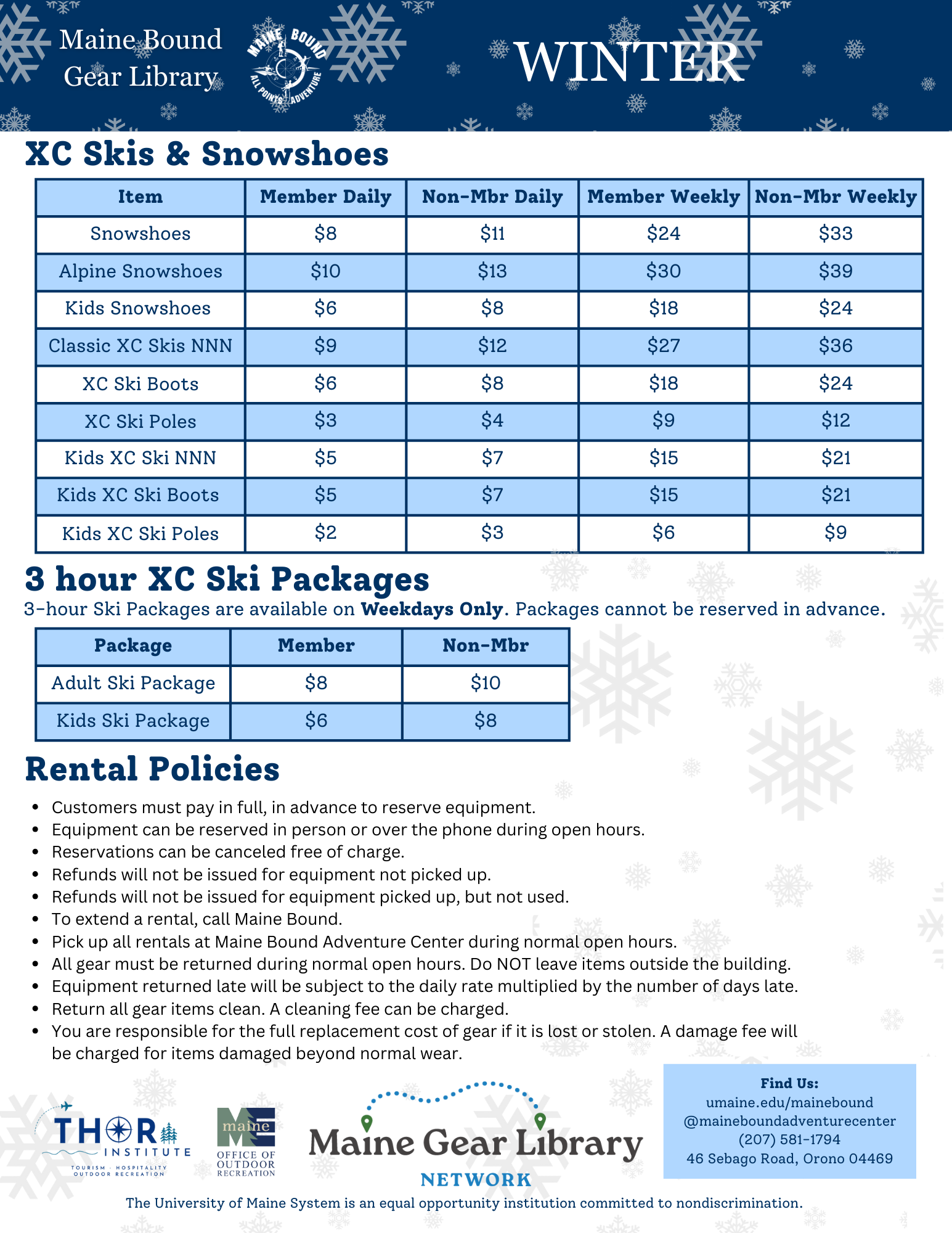 A detailed price list for ski items.