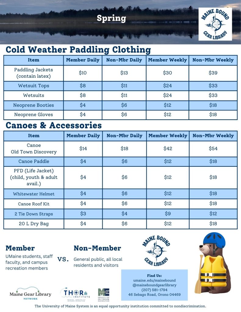 List of all spring paddling rental items and prices. Call for more information.