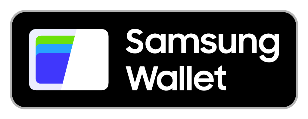 Samsung Wallet badge featuring card graphics and white text on a black button background.
