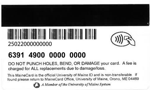 card number information on back of MaineCard including barcode