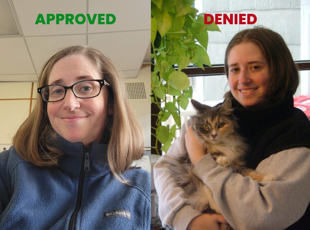 Accepted vs denied photo examples for MaineCard. The photo on the left has "approved" in green letters" with "denied" on the left being in red. 