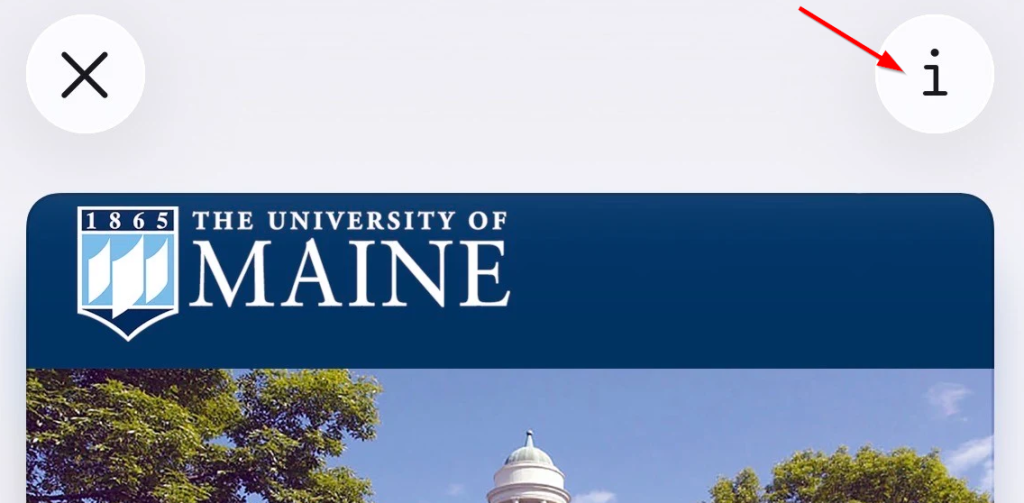 Information icon with an arrow pointing to it next to a digital UMaine ID.