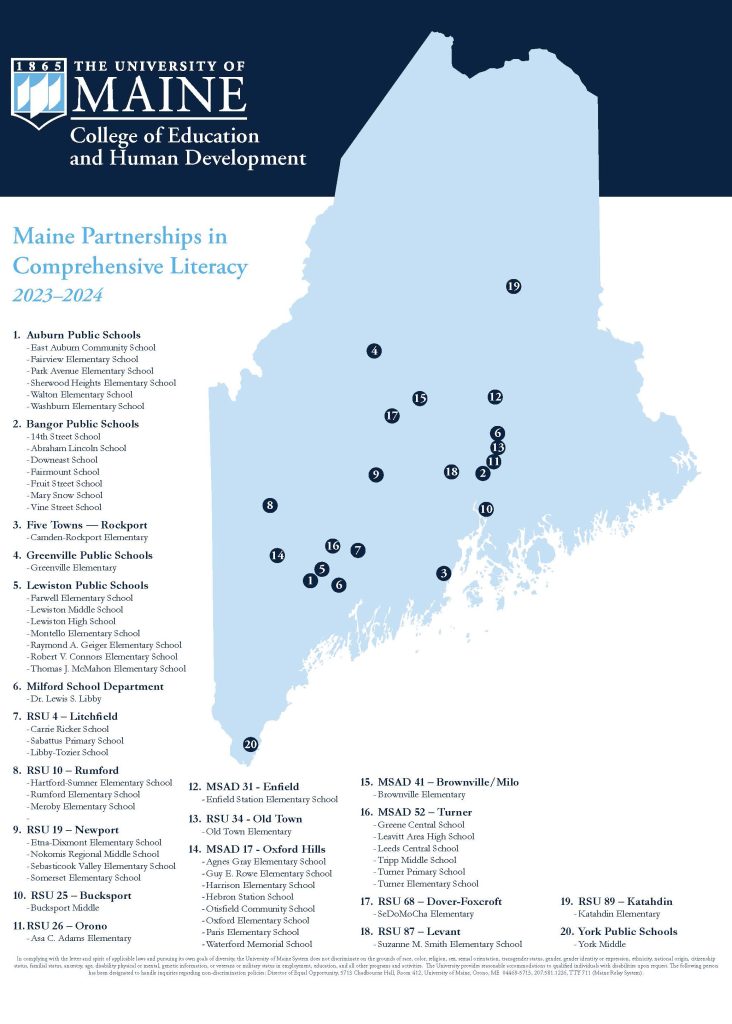 A map of Maine showing the location of Maine Partnerships in Comprehensive Literacy sites.