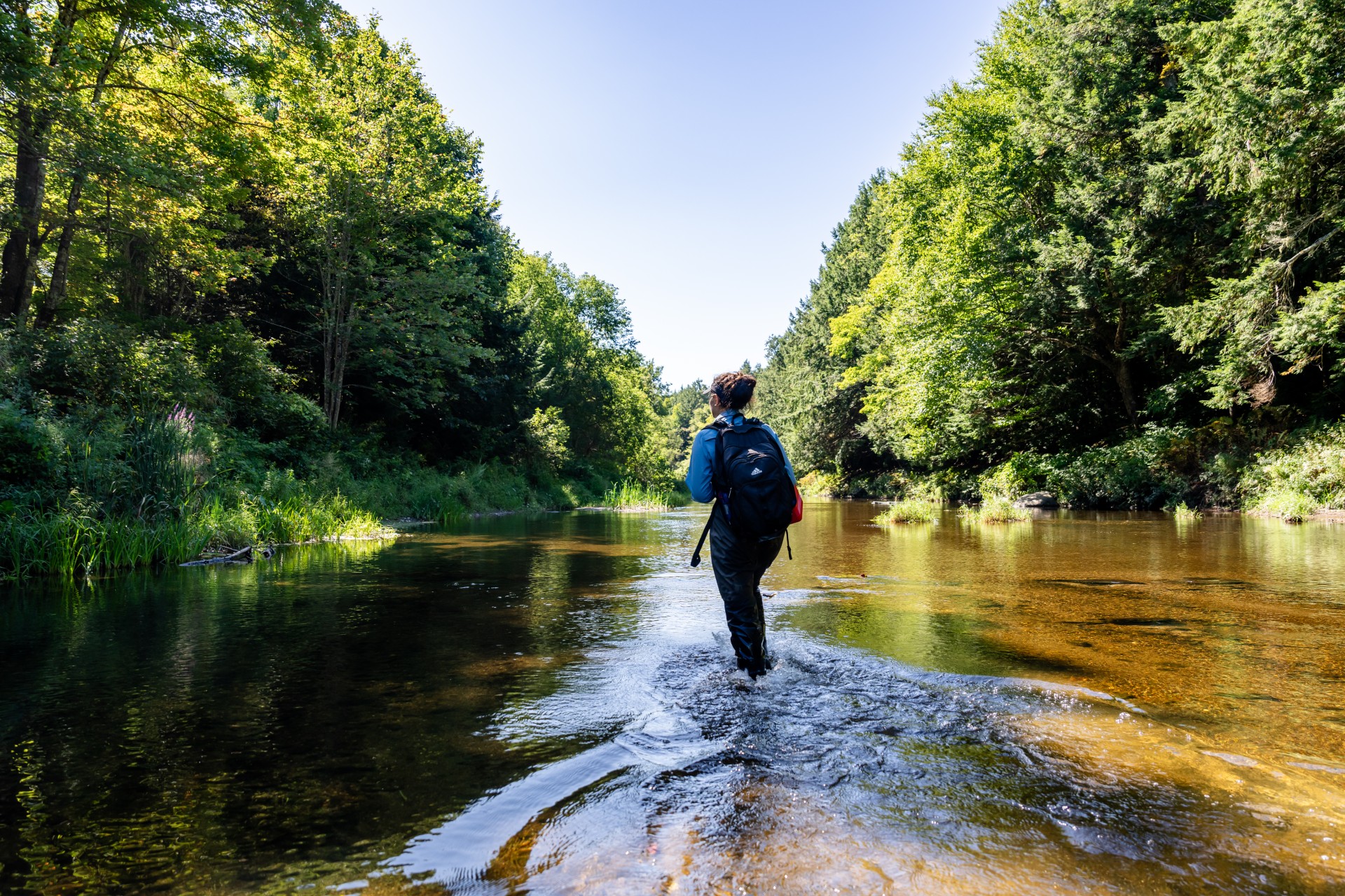 A photo of a person walking in a stream