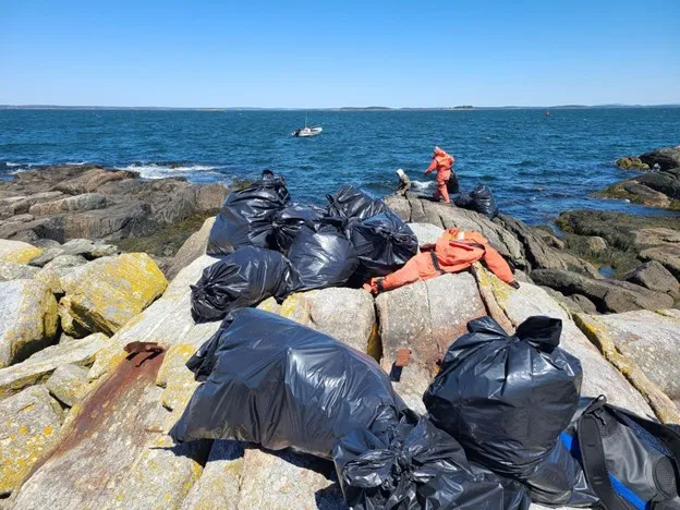 trash bags on the rocky coast