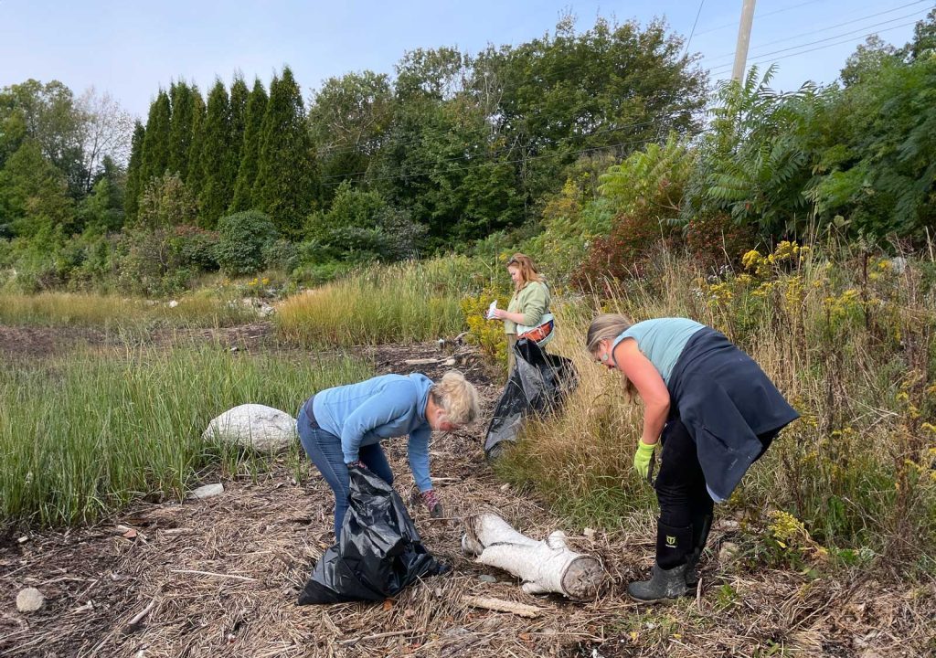 People cleaning up marine debris.