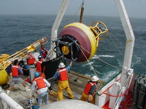 Picture of people bringing aboard a buoy.