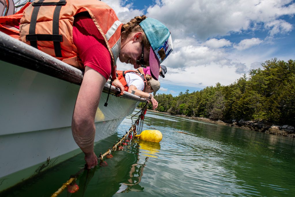 Students leaning over a boat