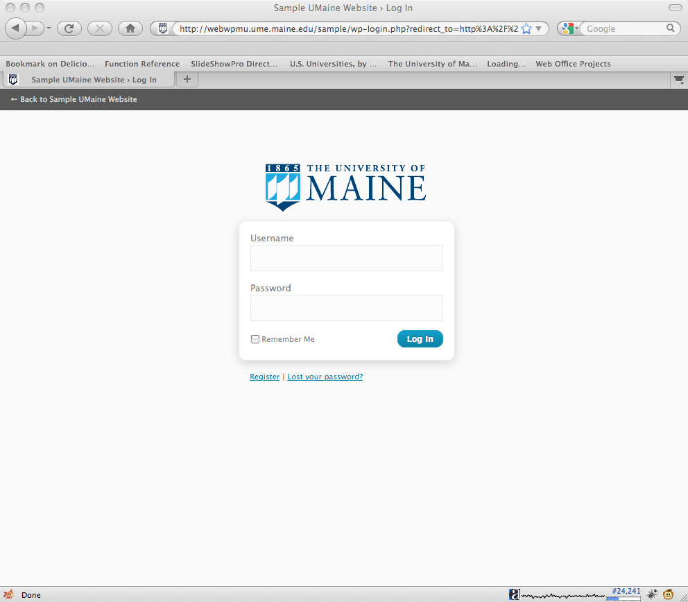 Screenshot of UMaine wordpress login screen