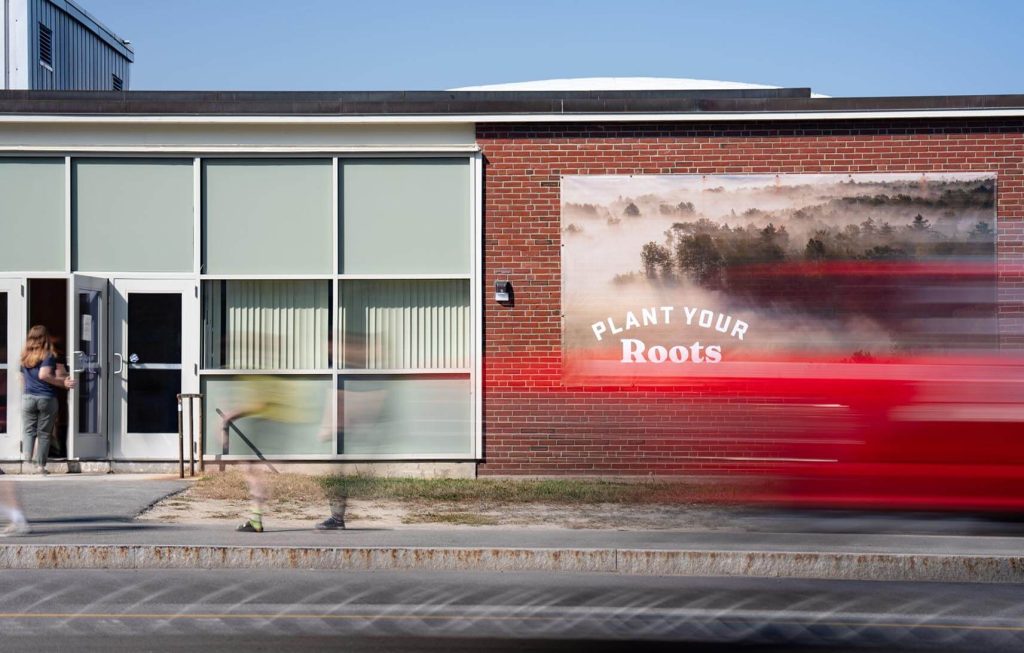 A photo of a building on UMaine's campus with a banner that says, "Plant your roots"