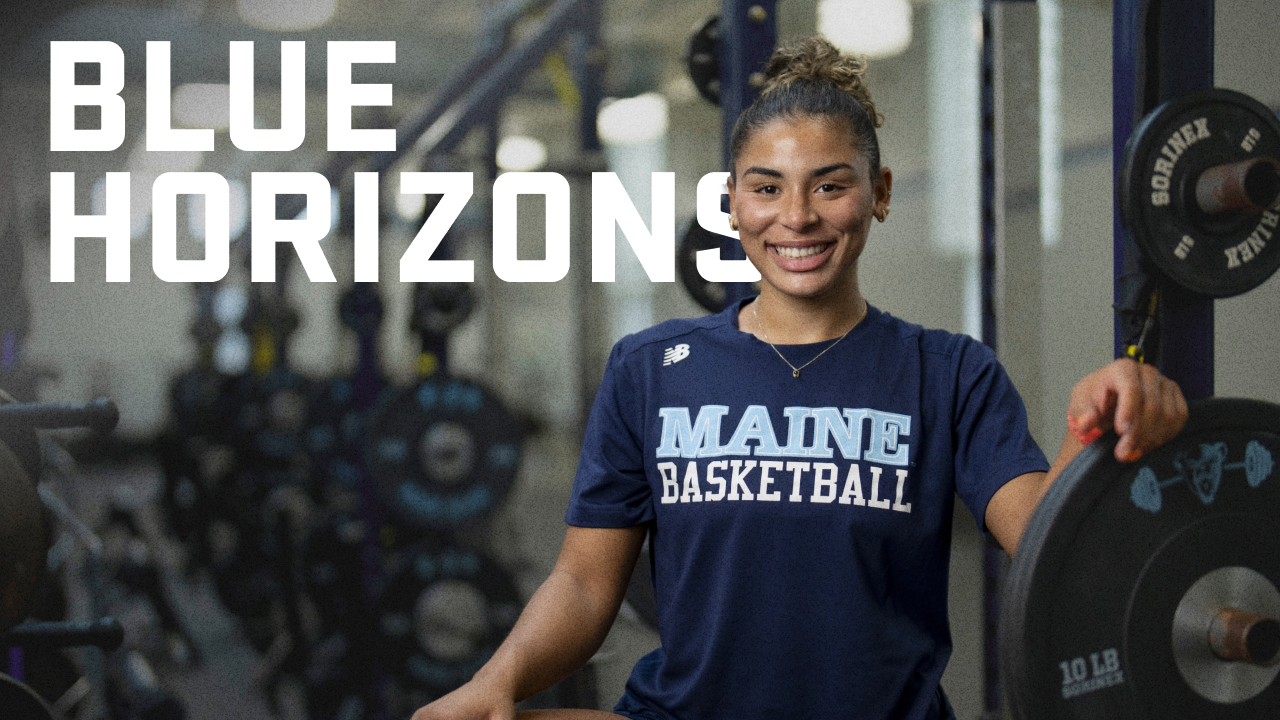 A photo of a basketball player with "blue horizons" text