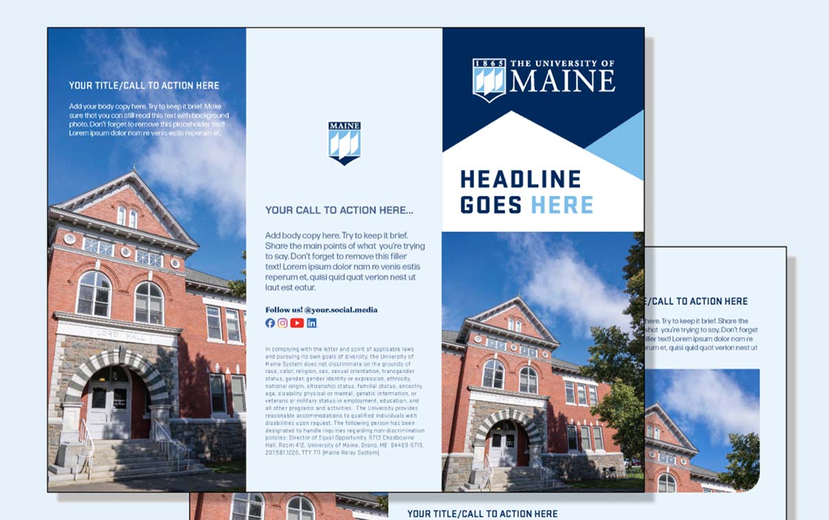 A collage showing the front and back of a UMaine brochure template