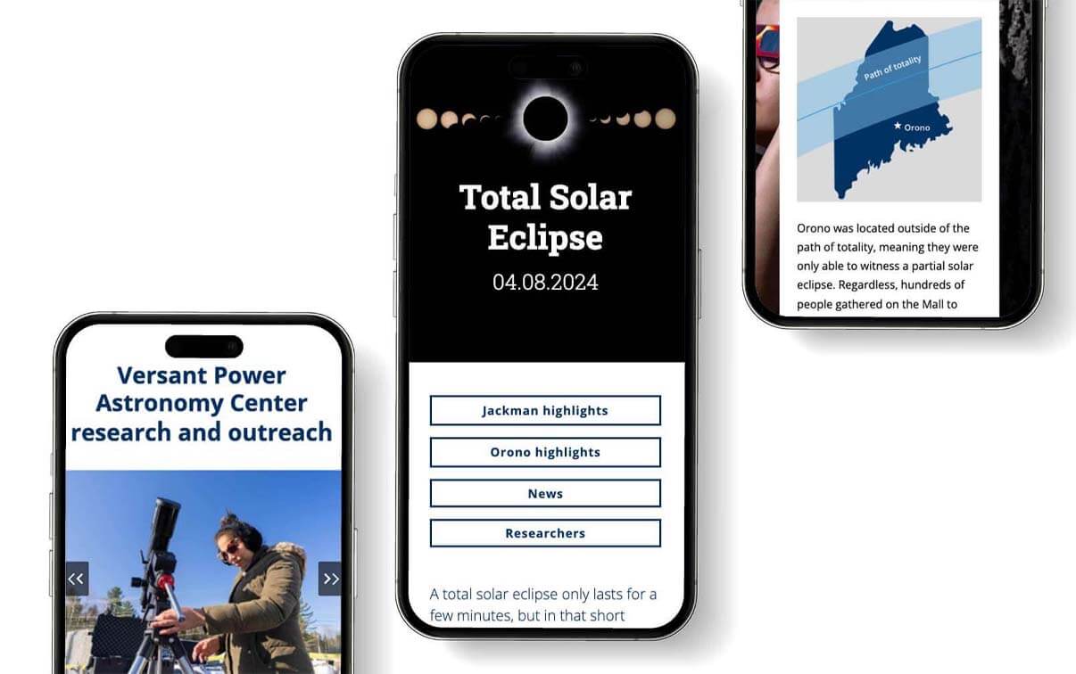 A collage of three smartphones displaying UMaine's eclipse website