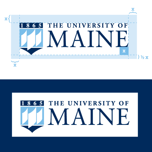 A composite of two images, the first shows the acceptable distance around UMaine's logo and the second shows UMaines logo in a white box on a dark blue background