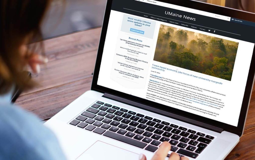 A photo of a person looking at a laptop computer with a UMaine News story on the screen