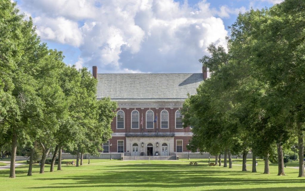 A photo of Fogler Library and UMaine's Mall in summer