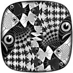 An abstract black and white ink artwork of fish