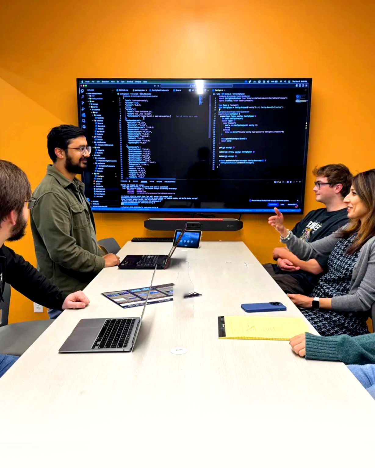 A photo of a team working together