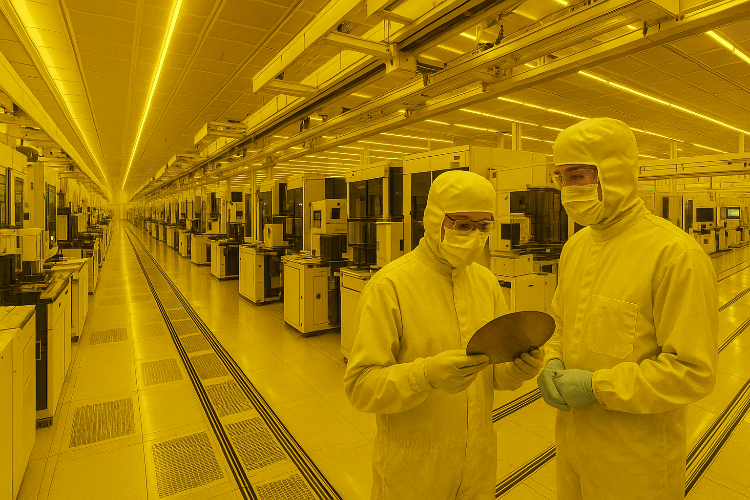A photo of two scientist observing a plate in a lab